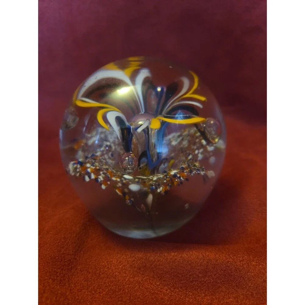 Portuguese Art Glass Hand Blown Paperweight Pulled Feather Flower Vintage